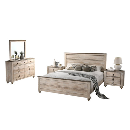 White Wash Finish 5-Piece Bedroom Set-Queen Bed, Dresser, Mirror, 2 Nightstands