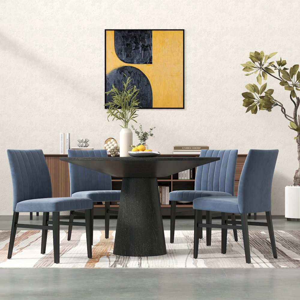 Butler 5-Piece Round Dining Set, Pedestal Dining Table with 4 Side Chairs, Blue