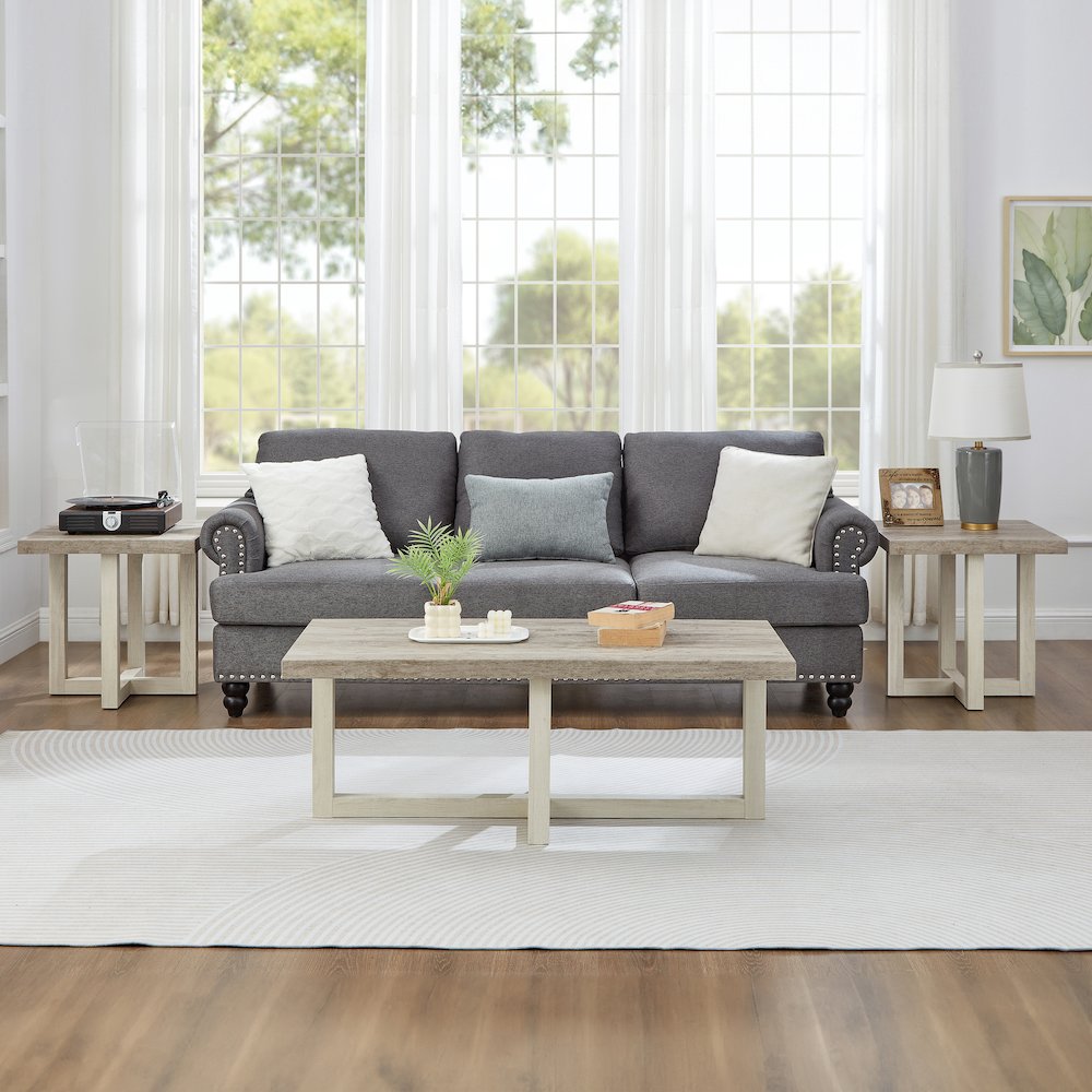 3-Piece Coffee Table Set, Coffee Table, Two End Tables, Weathered Gray and Beige