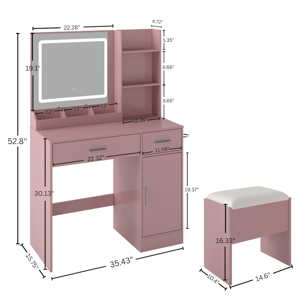 Makeup Vanity Set, Vanity Desk, Stool, LED Light Mirror, Pink