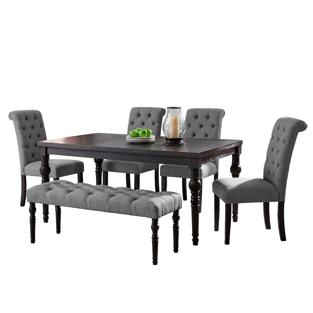 Leviton Urban Style Dark Wash Wood Dining Set: Table, 4 Chairs and Bench, Gray