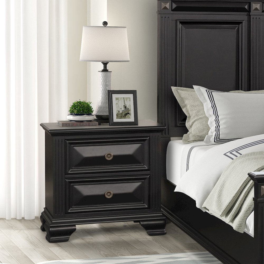 Vintage Black Wood Bedroom Set, Queen Bed, Dresser, Mirror,2 Nightstands, Chest