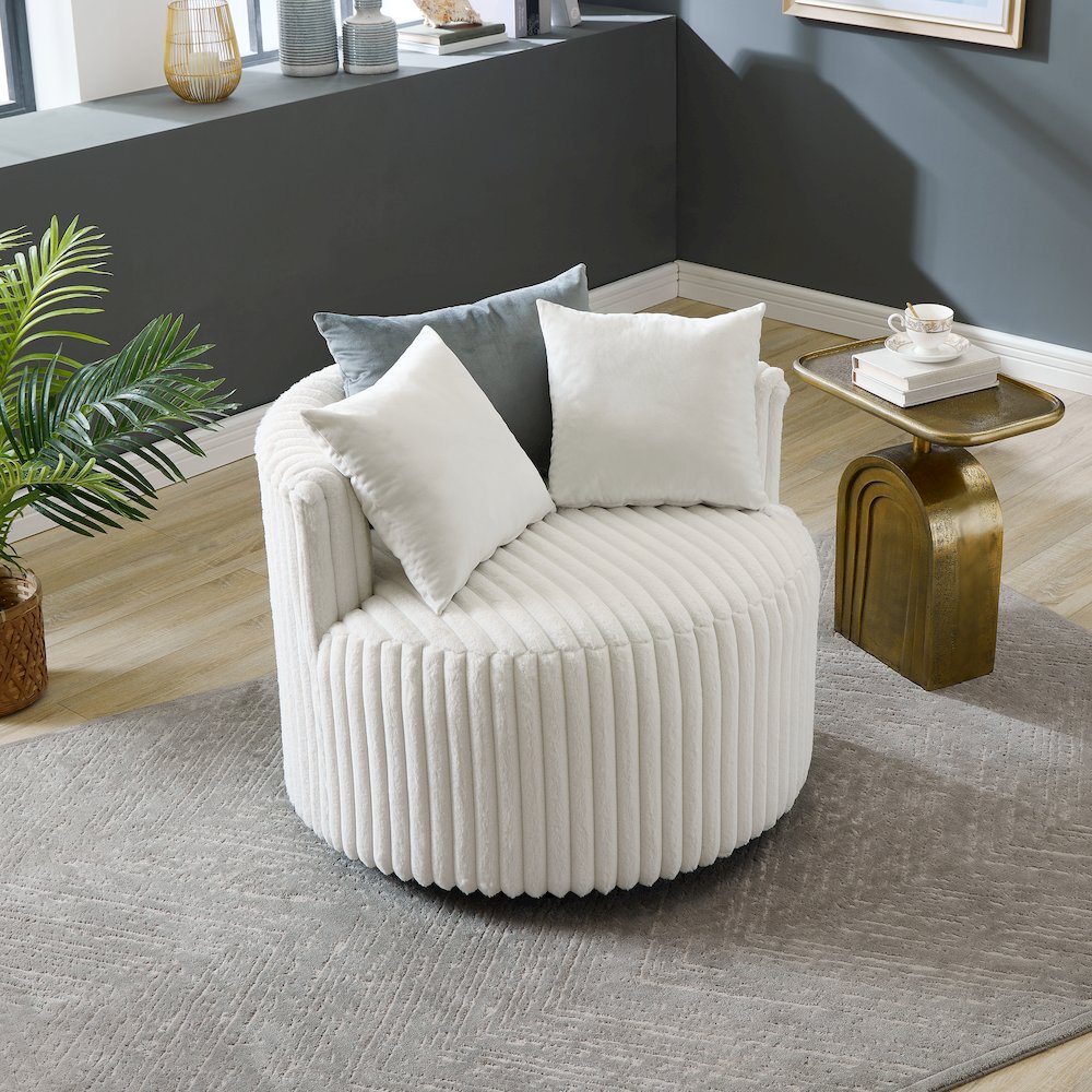 Malna Wide Wale Corduroy Upholstered Barrel Accent Chair with Wheels, Off-white