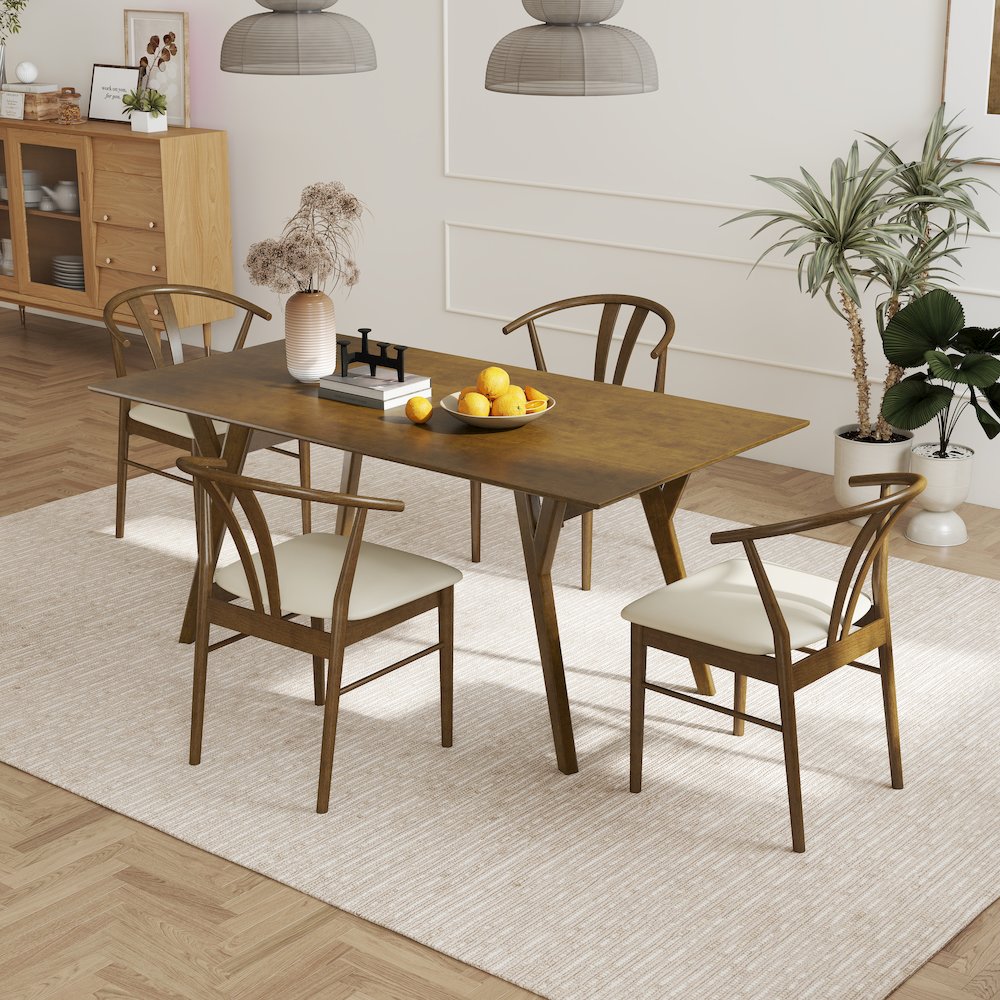 5-Piece Dining Set, Walnut Finished Dining Table with 4 Brown Wishbone Chairs
