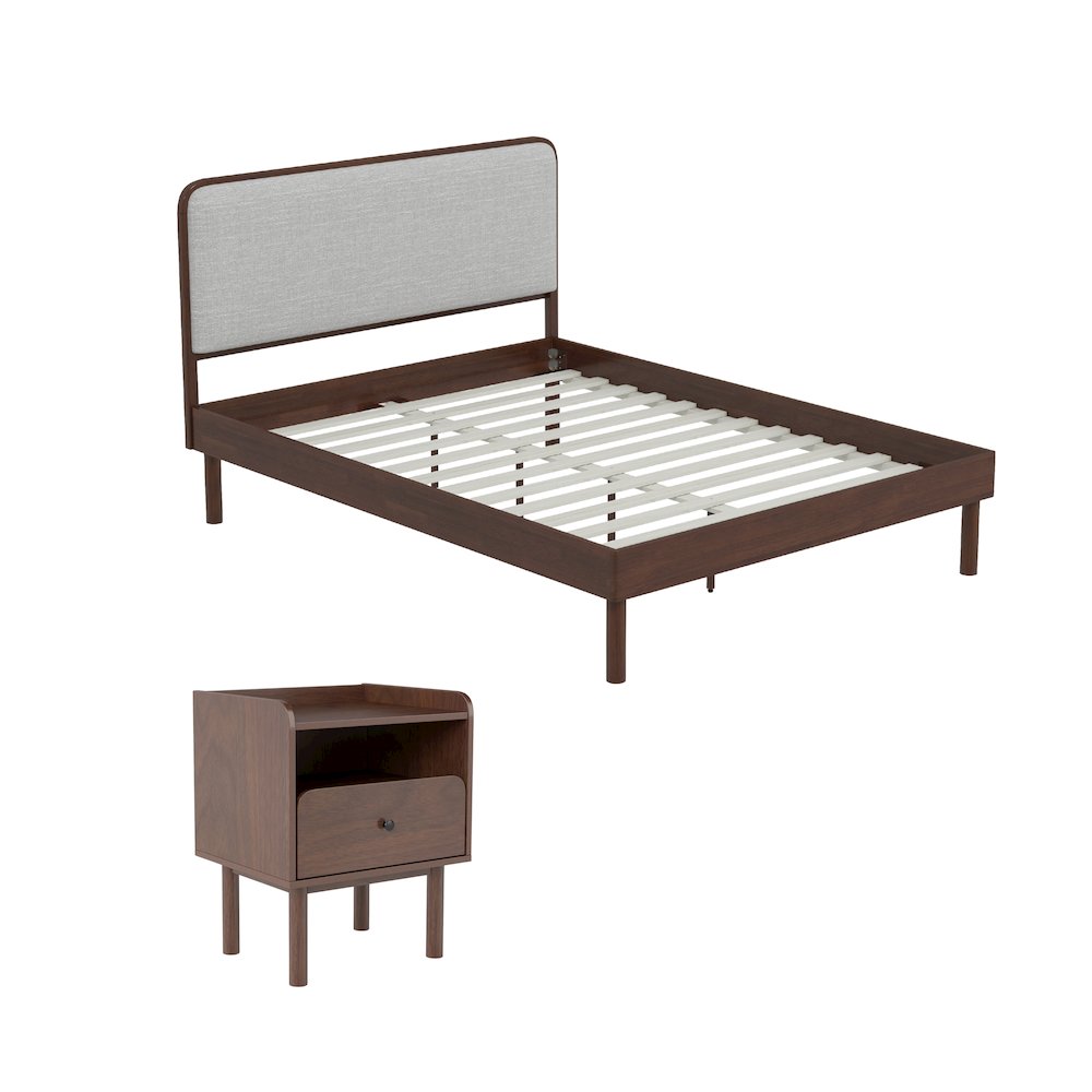 Wyller 2-Piece Bedroom Set, Platform Bed with Nightstand, Natural Walnut, Queen