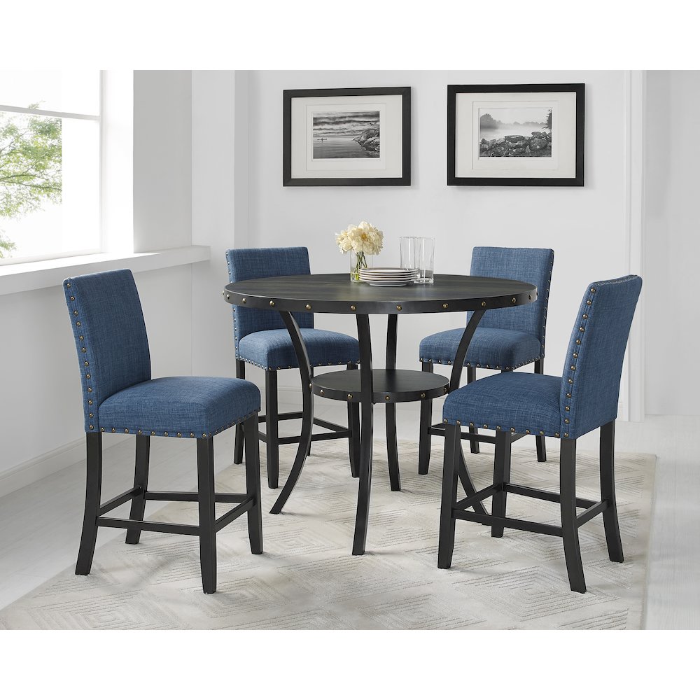 Biony Blue Fabric Counter Height Stools with Nailhead Trim, Set of 2