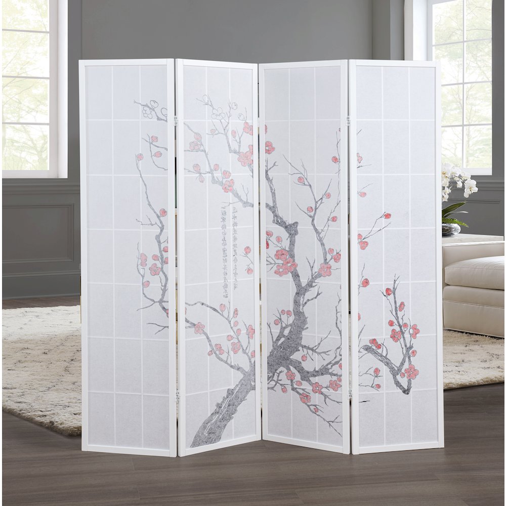 Elandra 4-Panel Room Divider, Plum Blossom Print, Privacy Screen, White