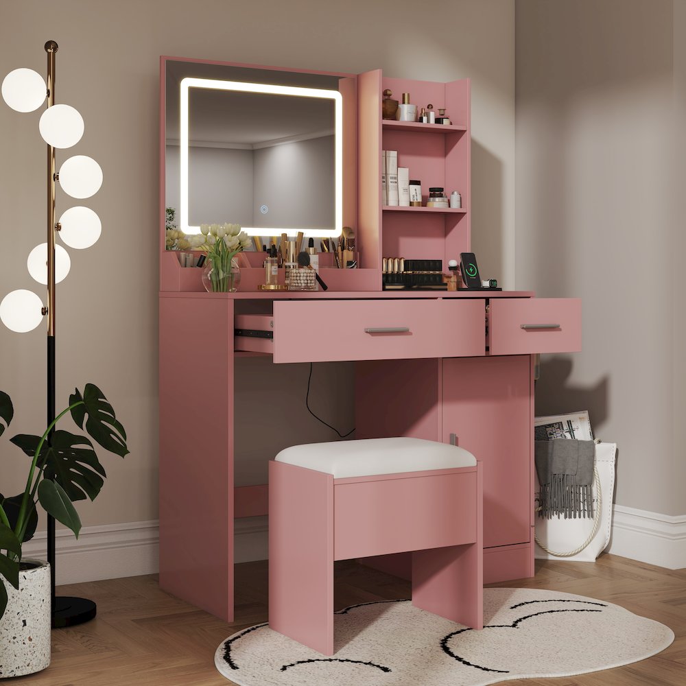 Makeup Vanity Set, Vanity Desk, Stool, LED Light Mirror, Pink