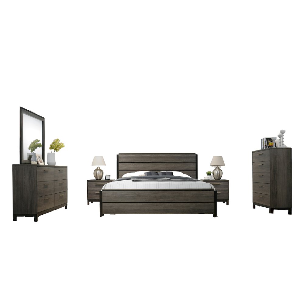 Grey Finish Wood Bed Room Set, Queen Bed, Dresser, Mirror, 2 Night Stands, Chest