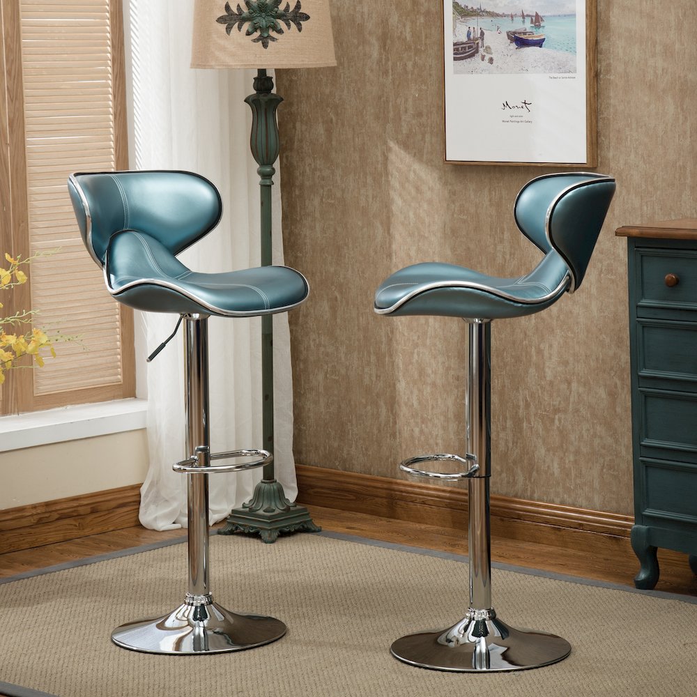 Masaccio Blue Leatherette Adjustable Swivel Barstool Chrome Base, Set of 2