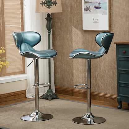 Masaccio Blue Leatherette Adjustable Swivel Barstool Chrome Base, Set of 2