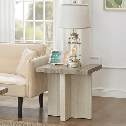 Mchome Square End Table, Nightstand, Weathered Gray and Beige