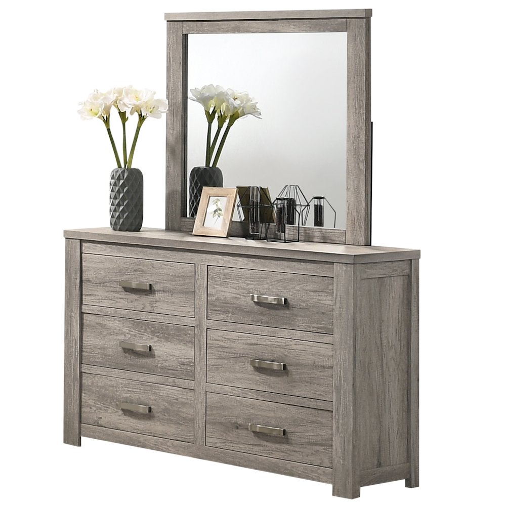 Floren Contemporary Weathered Gray Wood 6-Drawer Dresser with Mirror