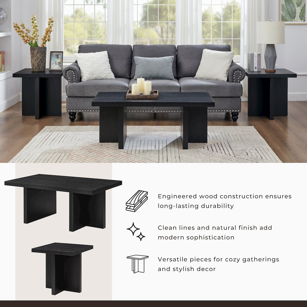 Mchome 3-Piece Coffee Table Set, Coffee Table and Two End Tables, Black Finish