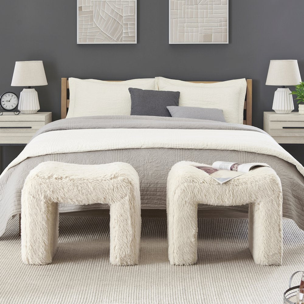 Zorya Contemporary Faux Fur U-Shaped Ottoman, Set of 2
