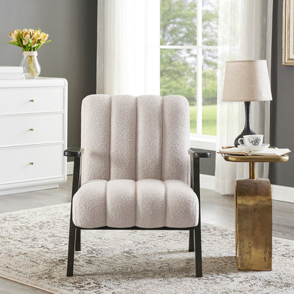 Rella Modern Teddy Sherpa Accent Chair with Espresso Wood Frame, Beige