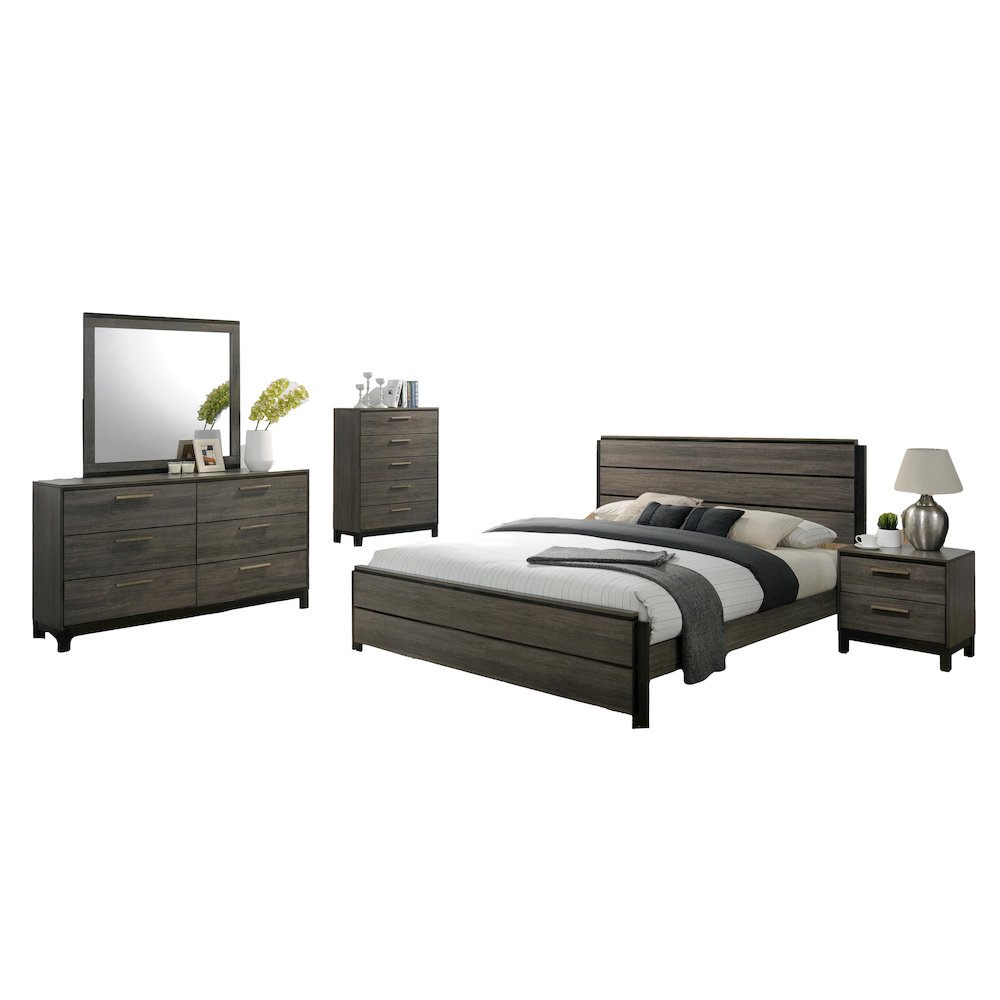 Grey Finish Wood Bed Room Set, King Bed, Dresser, Mirror, Night Stand, Chest