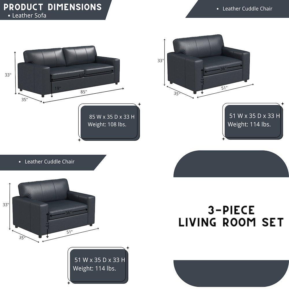 Sakan Leather Upholstered 3-Piece Living Room Set, Sofa and 2 Cutler Chairs