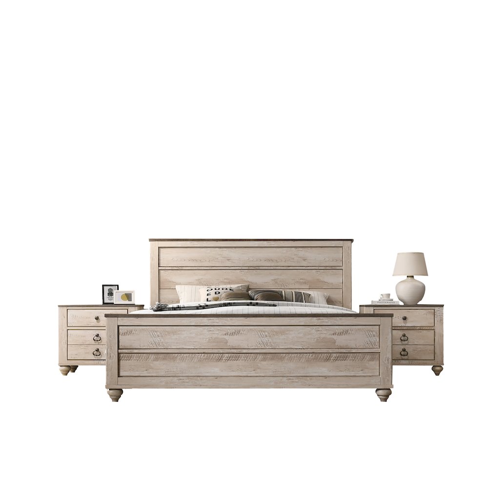 White Wash Finish 3-Piece Bedroom Set-King Bed and Two Nightstands