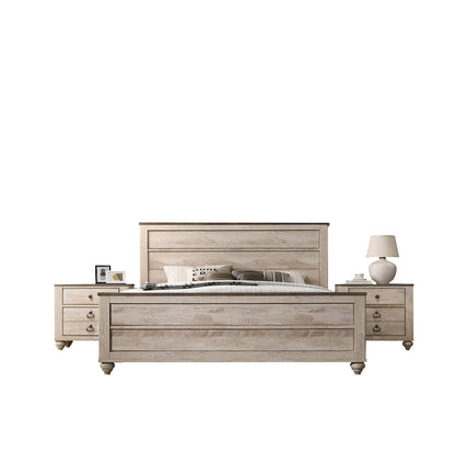 White Wash Finish 3-Piece Bedroom Set-King Bed and Two Nightstands