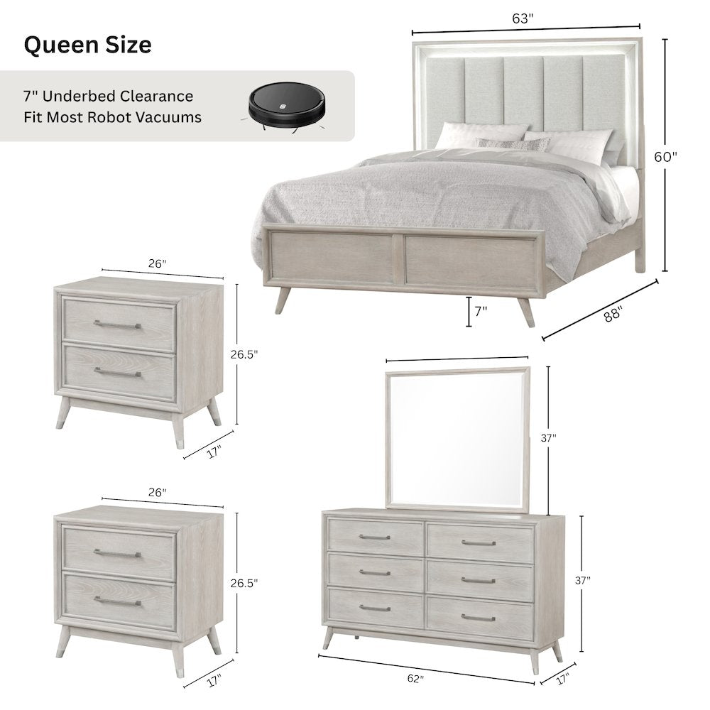 Seluna 5-Piece Bedroom Set with Touch LED Lighting, Gray Oak Finish, Queen
