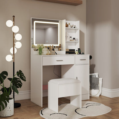 Makeup Vanity Set, Vanity Desk with Stool, LED Light Mirror, White