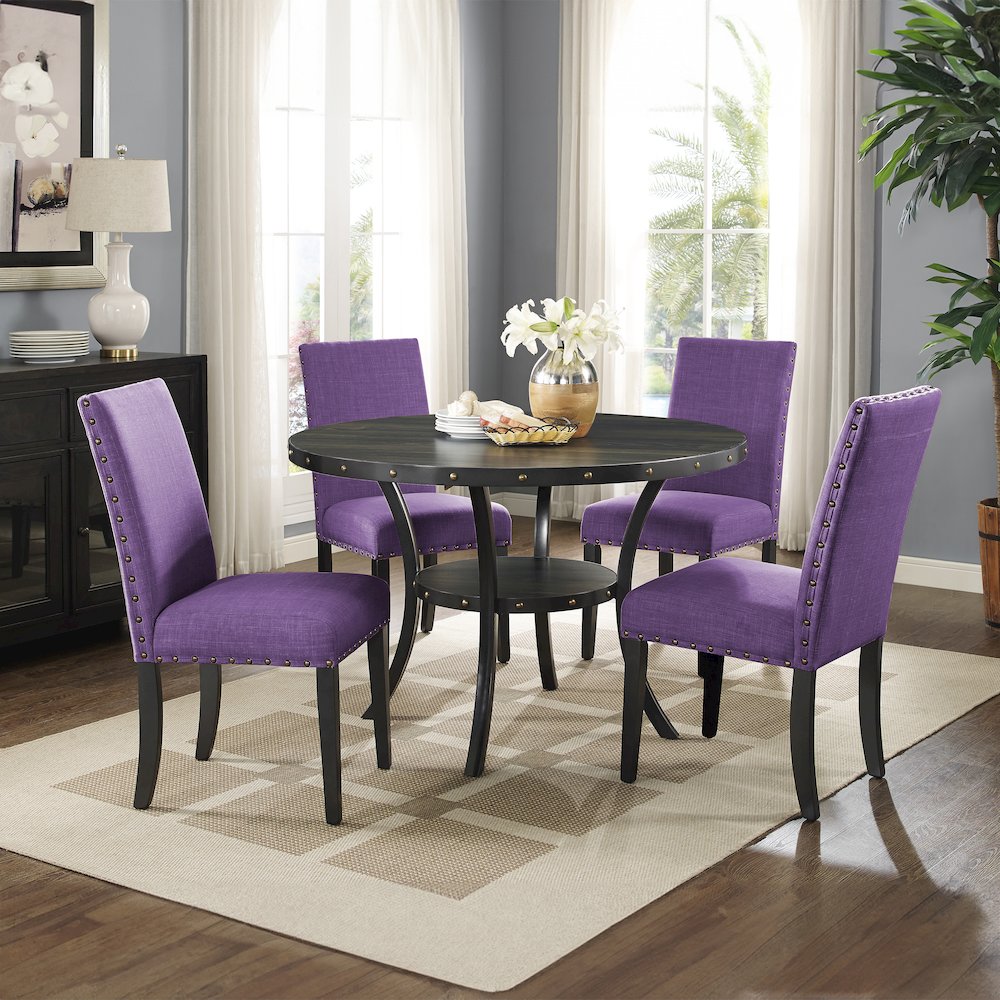 Biony Espresso Wood Dining Set with 4 Fabric Nailhead Chairs, Purple