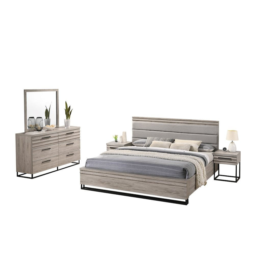 Panel Bed, Dresser, Mirror, and 2 Nightstands, Weathered Gray, King
