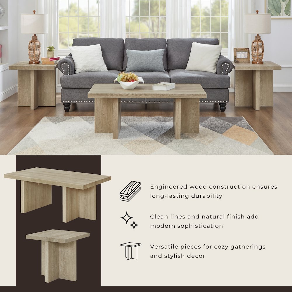 Mchome 3-Piece Coffee Table Set, Coffee Table and Two End Tables, Oak Finish