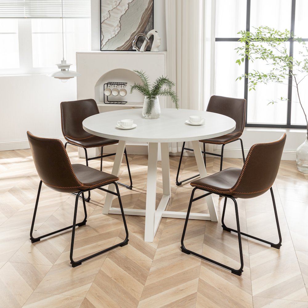 Varna 5-Pc Round Dining Set, Trestle Dining Table with 4 Chairs, Antique Brown