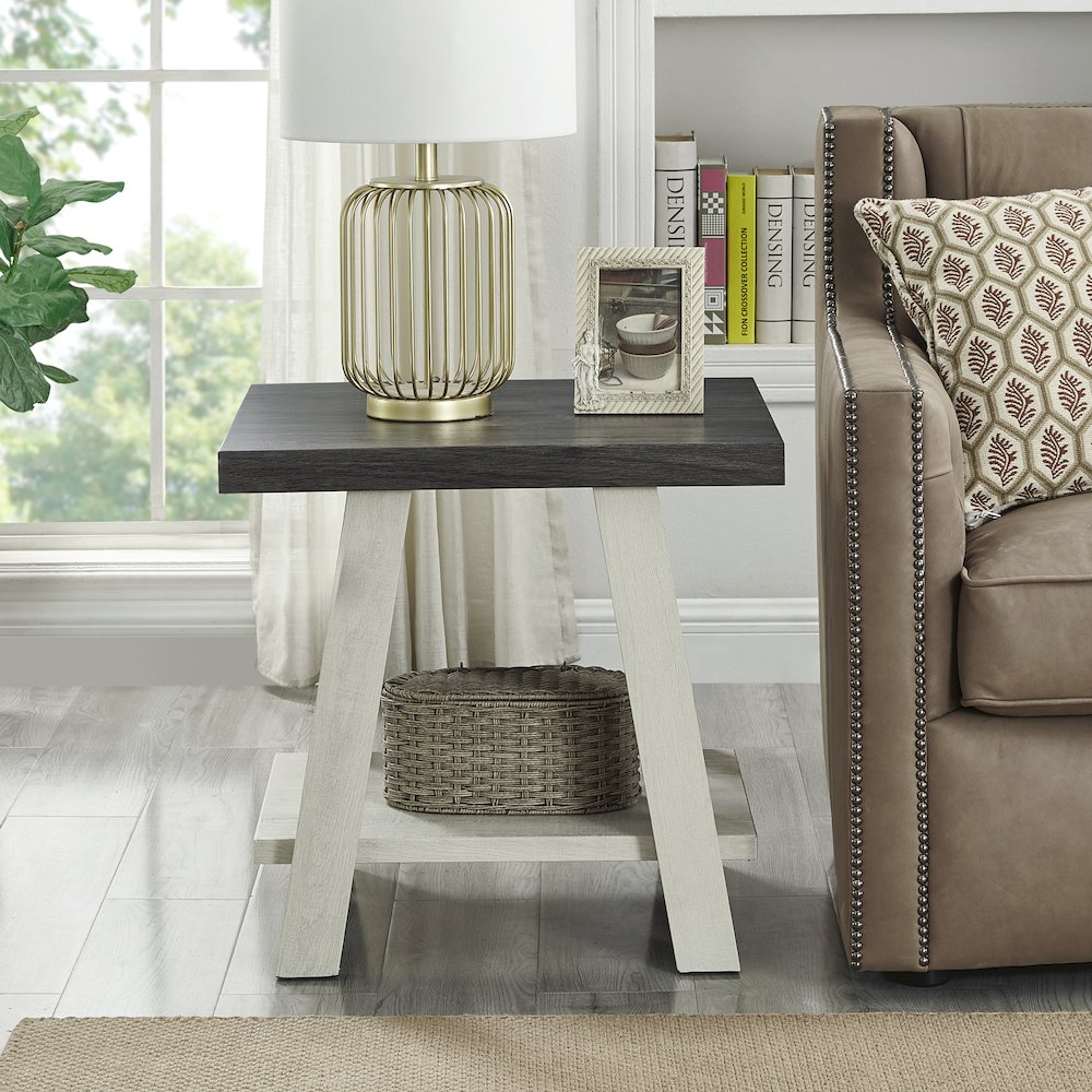 Athens Contemporary Two-Tone Wood Shelf End Table in Weathered Charcoal/Beige