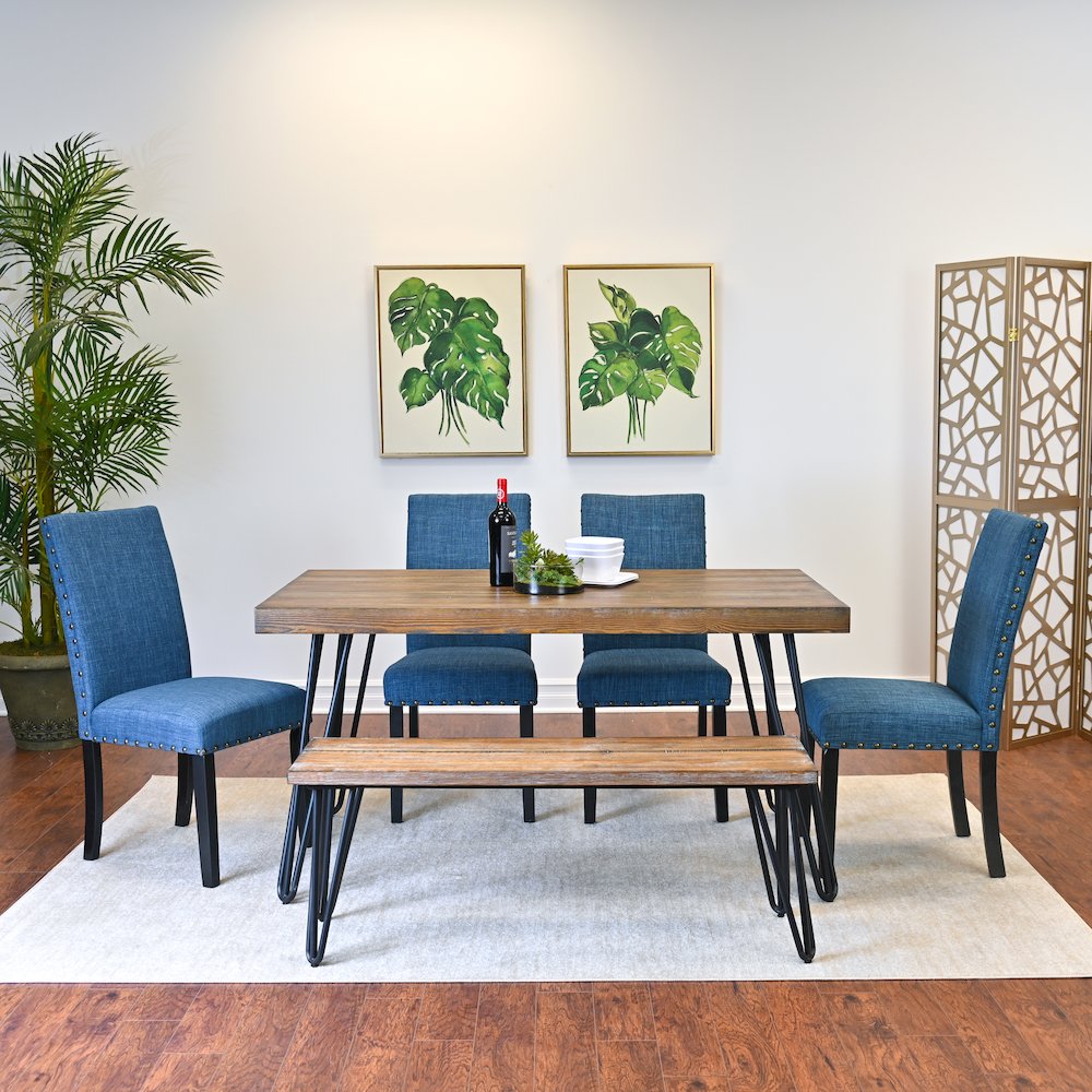 Amisos 6-Pc Dining Set, Hairpin Dining Table with 4 Chairs and Wood Bench, Blue