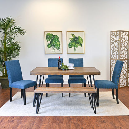 Amisos 6-Pc Dining Set, Hairpin Dining Table with 4 Chairs and Wood Bench, Blue