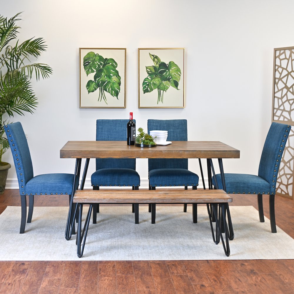 Amisos 6-Pc Dining Set, Hairpin Dining Table with 4 Chairs and Wood Bench, Blue