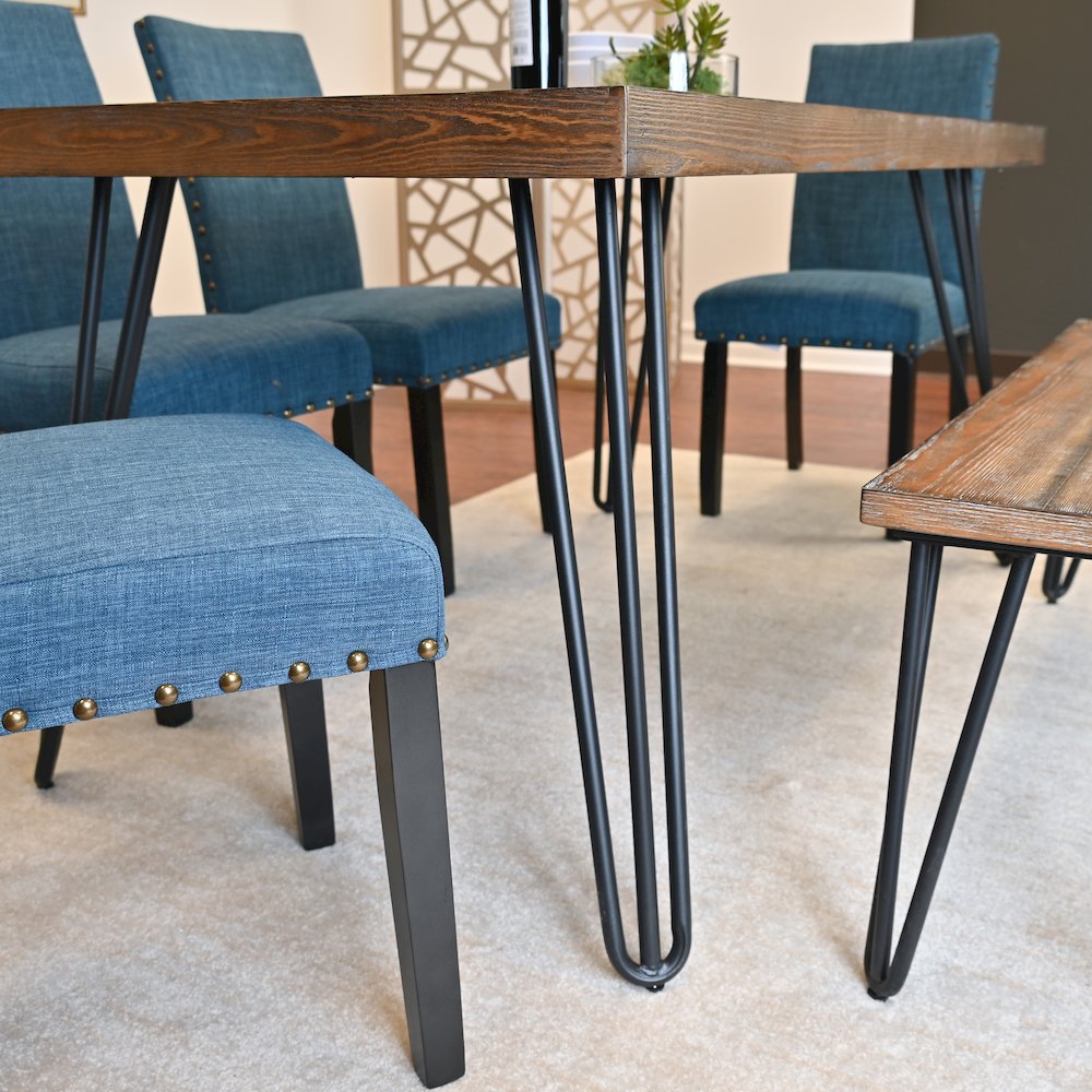 Amisos 6-Pc Dining Set, Hairpin Dining Table with 4 Chairs and Wood Bench, Blue