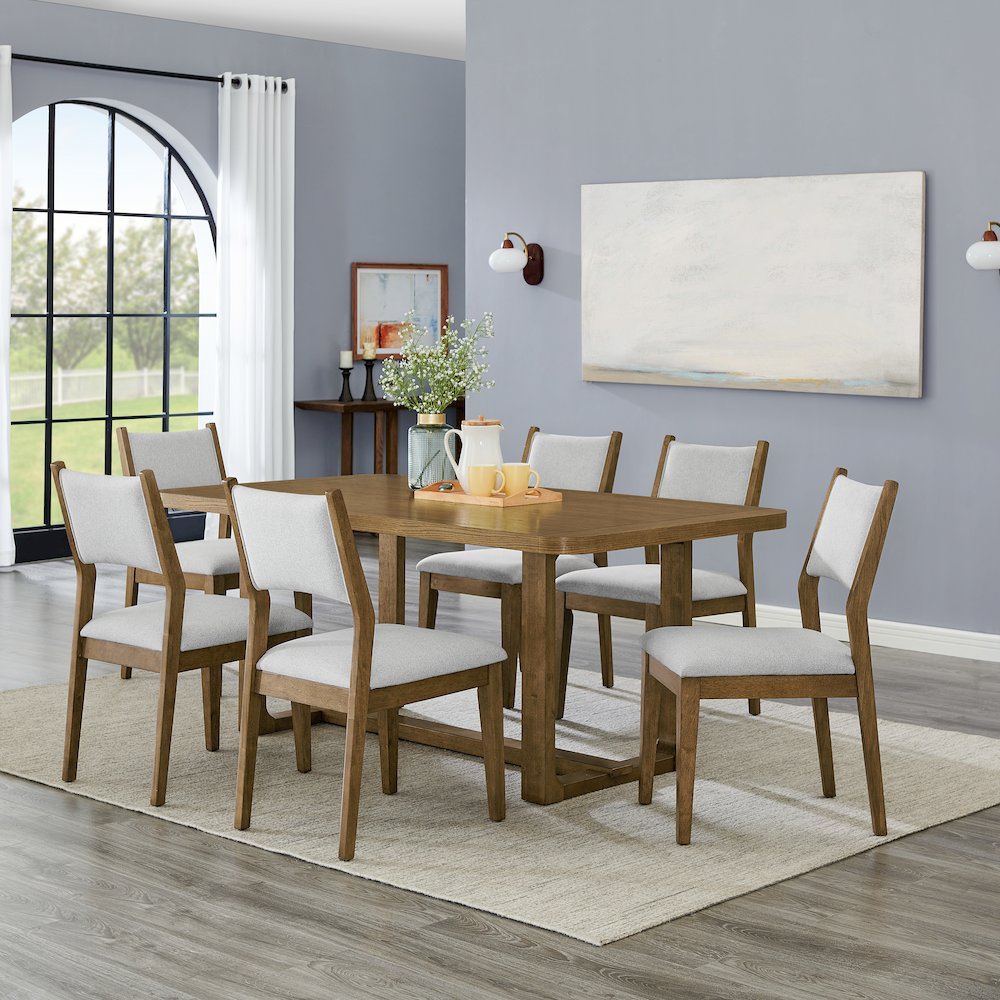 Parker 7-Piece Dining Set, Trestle Dining Table with 6 Stylish Chairs, Light Oak