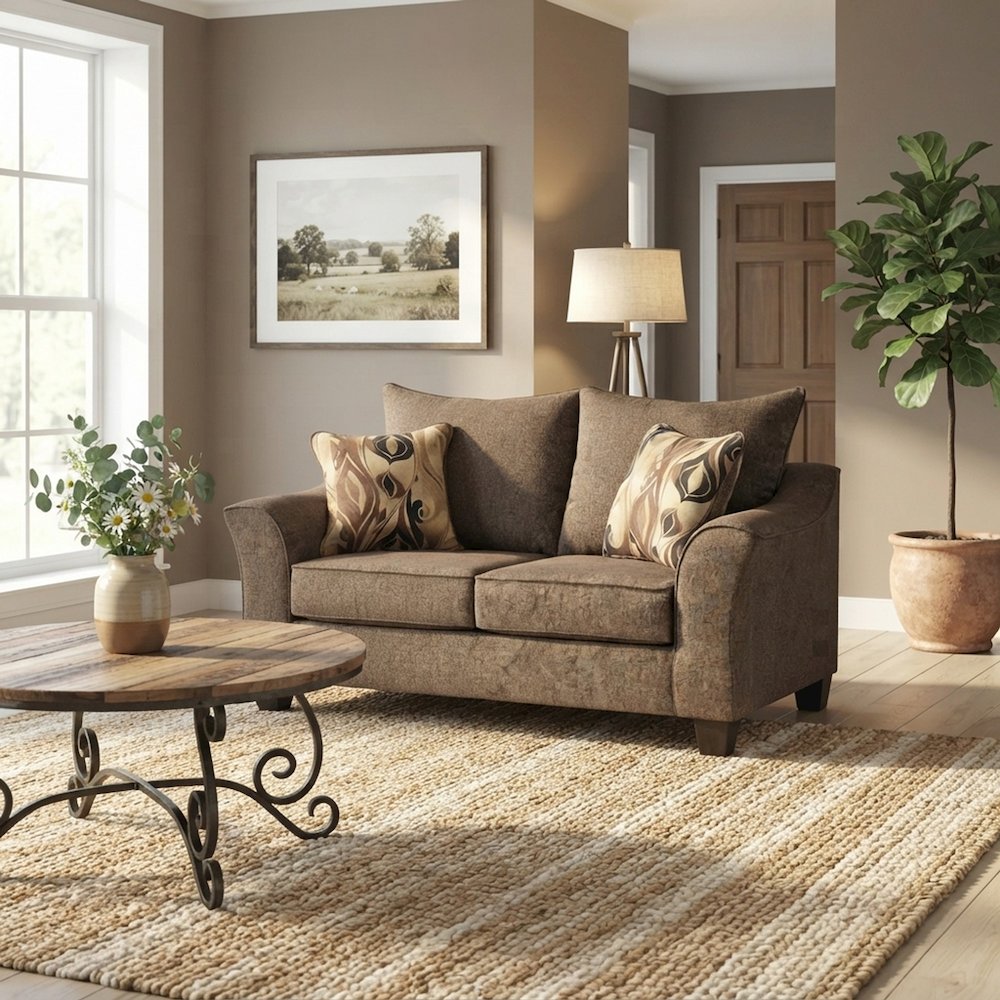 FurniFact Loveseat with Pillow Back and Fabric-Upholstered Seat, Brown