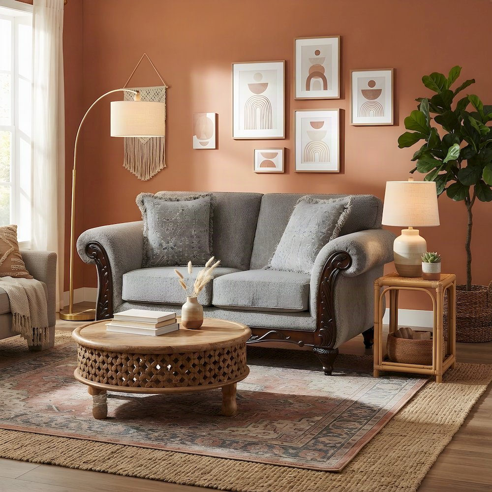 Carved Frame Solid Wood Upholstered Loveseat Sofa and Love Seat Couch, Grey