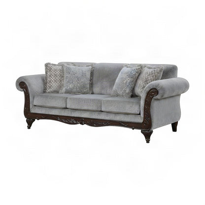 Solid Wood Carved-Frame Upholstered Victorian Sofa and Couch, Grey
