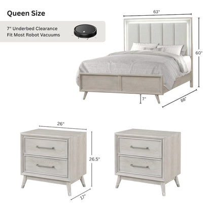 Seluna 3-Piece Bedroom Set with Touch LED Lighting, Gray Oak Finish, Queen