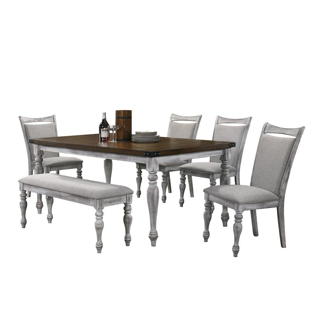 6 Piece Dining Table Set, 4 Upholstered Chairs, 1 Bench, Rustic White and Oak