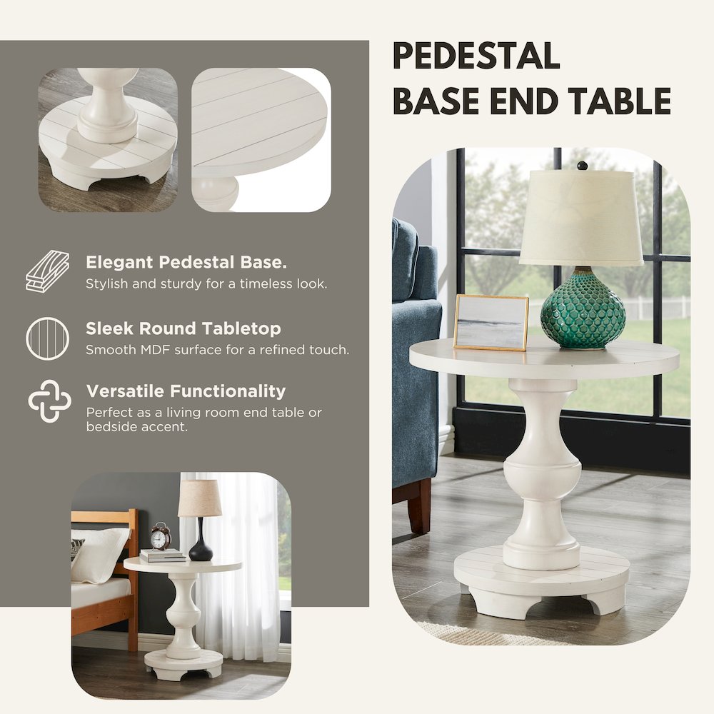 Caesar Traditional Round Pedestal End Table, White