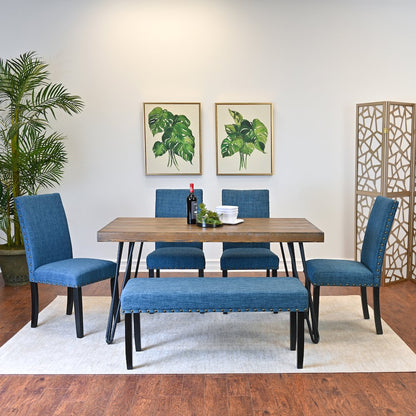 Amisos 6-Pc Dining Set, Hairpin Dining Table with 4 Chairs and Bench, Blue