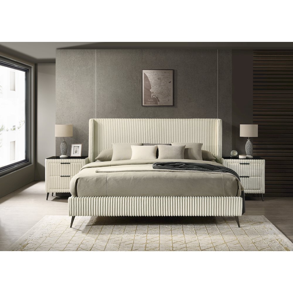 Mavela Wide Wale Corduroy Upholstery Panel King Bed with 2 Nightstands, Cream