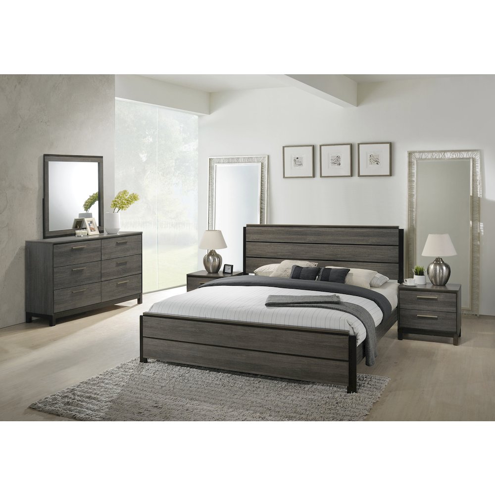 Antique Grey Finish Wood Bed Room Set, King Bed, Dresser, Mirror, 2 Night Stands