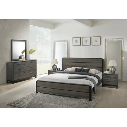 Antique Grey Finish Wood Bed Room Set, King Bed, Dresser, Mirror, 2 Night Stands