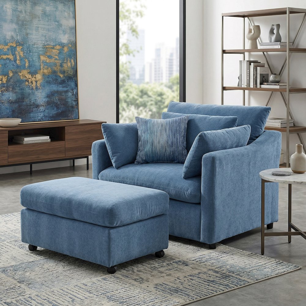 Wilson 2-Piece Living Room Set, Chair and Ottoman, Coast Blue