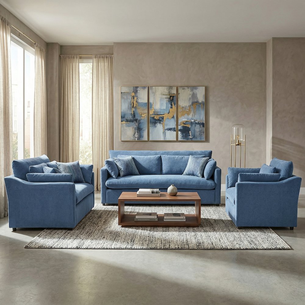 Wilson 4-Piece Living Room Set, Sofa Loveseat Cuddle Chair, Ottoman, Coast Blue