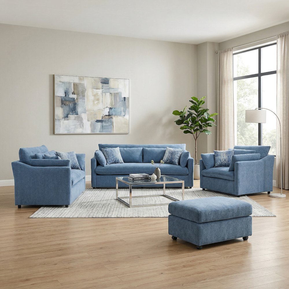Wilson 4-Piece Living Room Set, Sofa Loveseat Cuddle Chair, Ottoman, Coast Blue