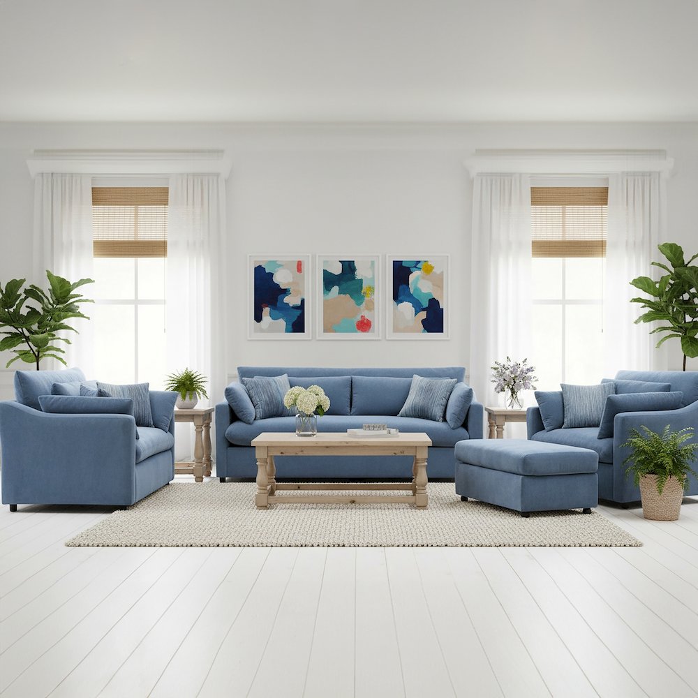 Wilson 4-Piece Living Room Set, Sofa Loveseat Cuddle Chair, Ottoman, Coast Blue